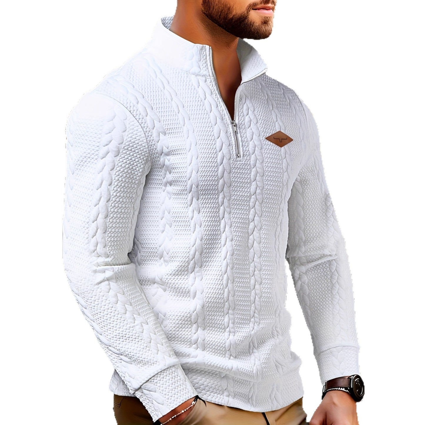 European And American AutumnWinter Casual Textured Fabric Zippered Crew Neck Long-Sleeve Shirt